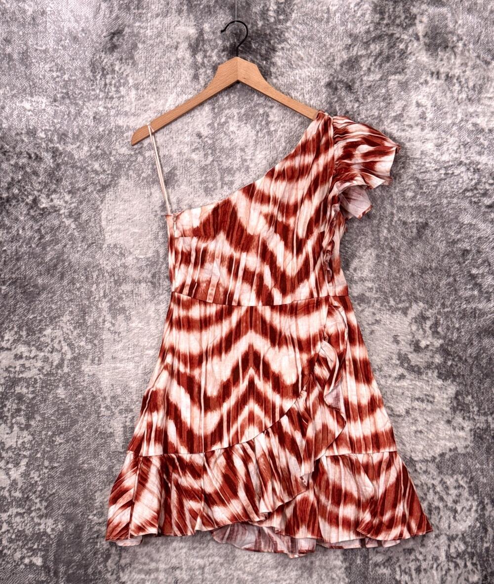 Banana Republic Dress 4 Womens 100% Linen Crinkle One Shoulder Ruffle Orange